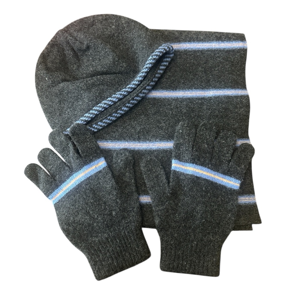 Drake’s Ben Silver Scarf Hat Glove Set Lambs Wool Dark Gray Blue Stripe
